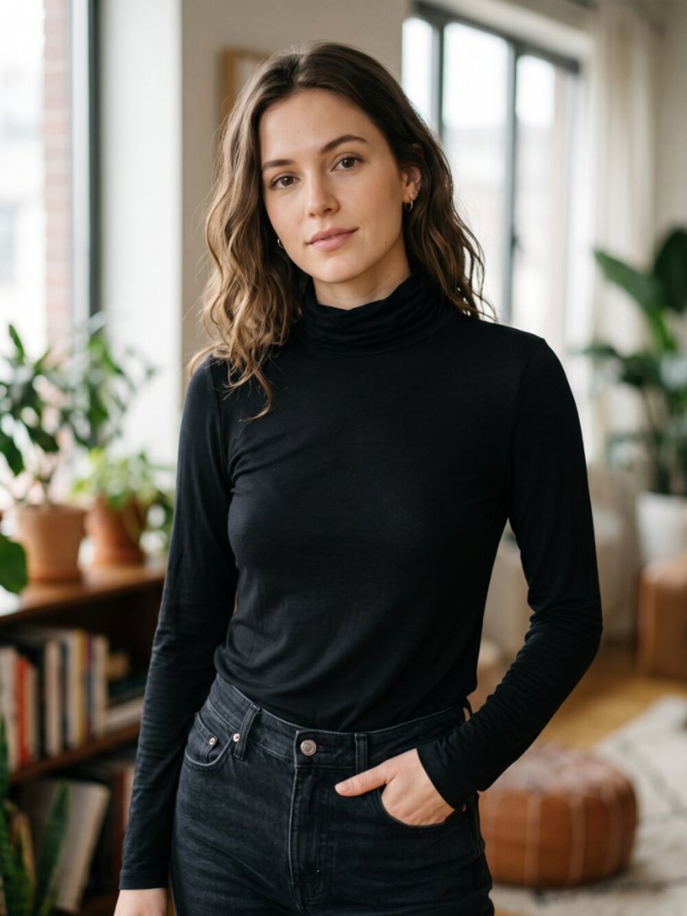 LIVOM Black Long Sleeve Fitted Turtleneck Top Scandinavian Minimalist XS